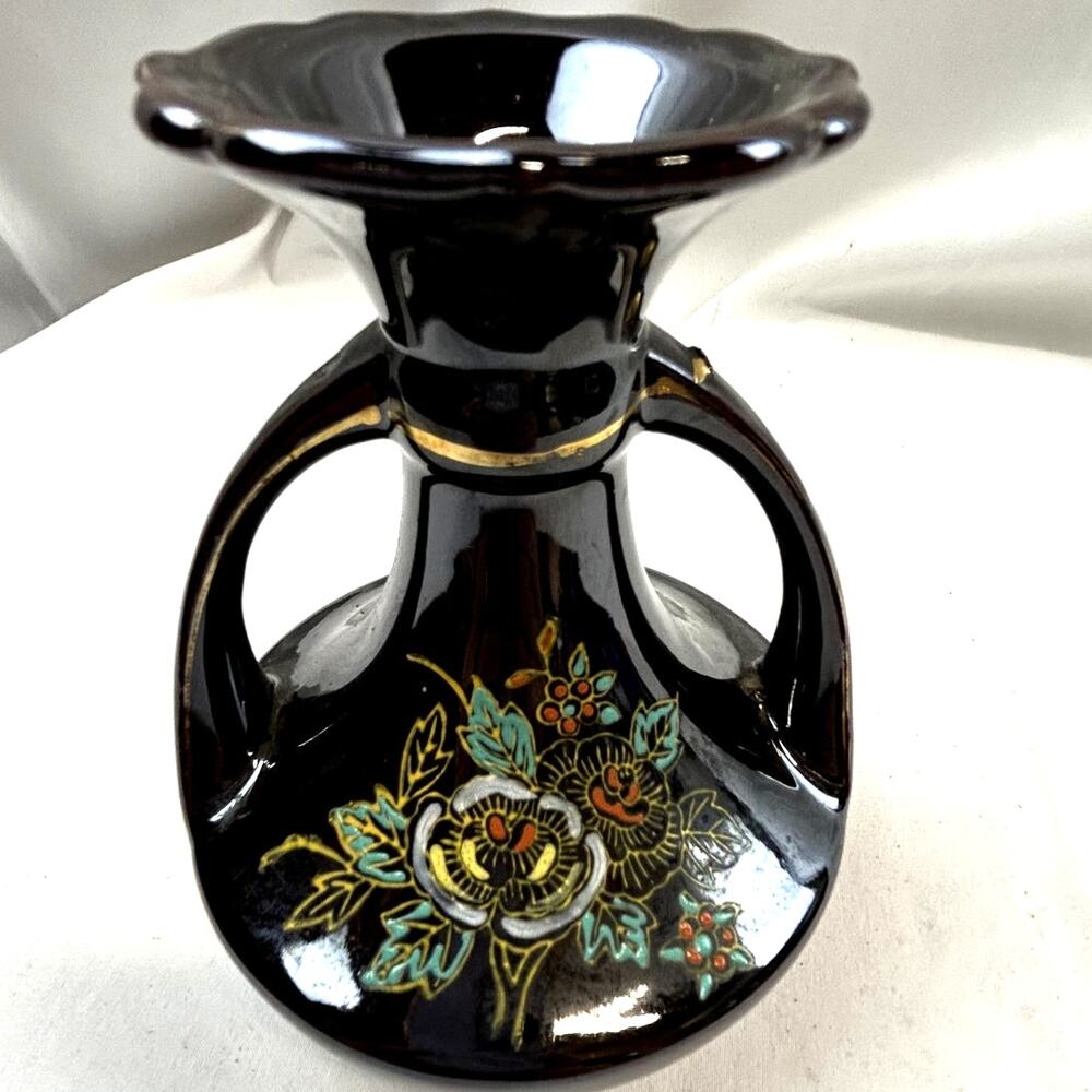 SKU2414 Vintage Japan Double Handle Ceramic Vase Hand Painted Floral 5.5"